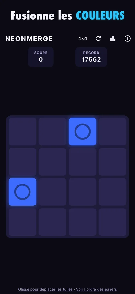 Plateau 4×4 avec deux tuiles bleues à fusionner
